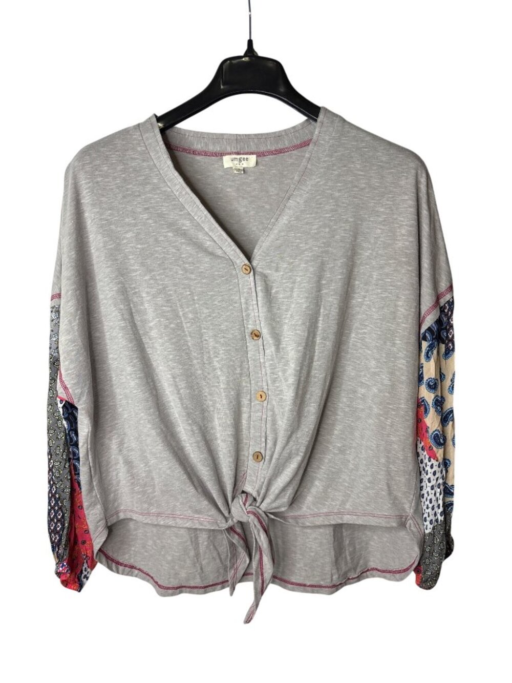 Umgee USA Oversized Top Size S Faux Button Front Patchwork Sleeves Boho